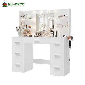 OEM ODM Custom Wood Vanity Desk Makeup Table with Mirror Adjustable Lighting and Power Outlet