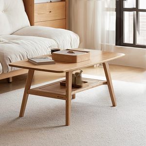 100% Solid Oak Coffee Table with Storage Shelf 2 Tier Wooden Center Table Livingroom Farmhouse Rustic Rectangle Table