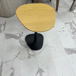 Modern Natural Oak Wood Veneer Top Round Side Table with Stone Base for Living Room Hotel Use