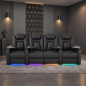 Genuine Leather Wood Extendable Home Theater Seating Dual Motor Power Recliner Sofa Set Memory Foam USB Type-C Charging