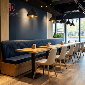 Modern Cafe Coffee Shop Restaurant Furniture Set Leather Sofa Booths and Pale Wooden Rectangular Tables Chairs