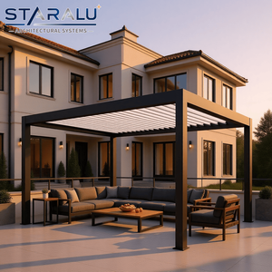 Luxury Louvered Pergola Roof System With Motorized Aluminum Louvers and Outdoor Bbq Kitchen Set